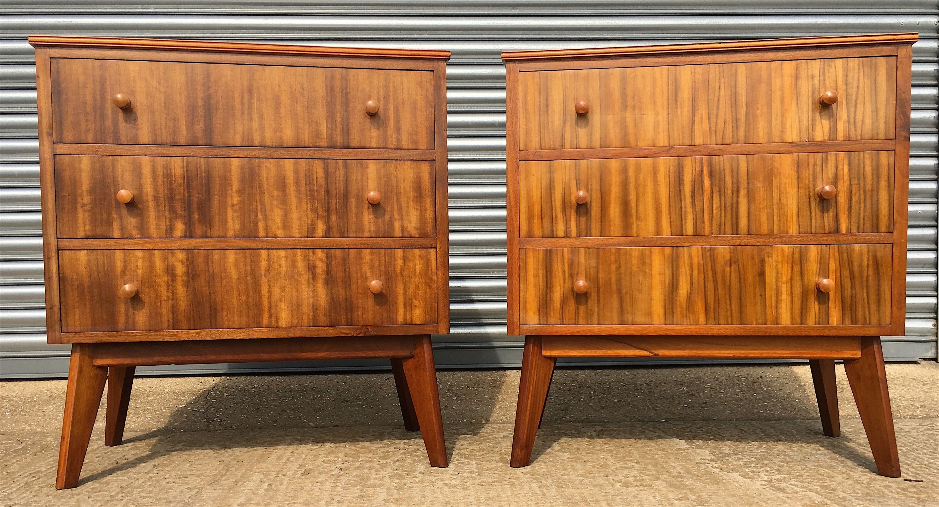 A pair of 1960s Morris Of Glasgow walnut three drawer chests, width 79cm, depth 47cm, height 86cm